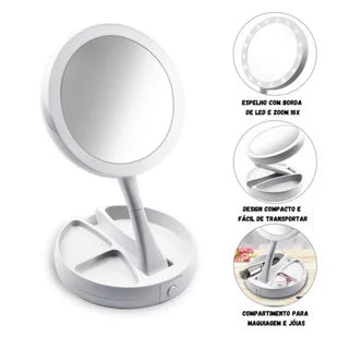 Espelho de Maquiagem com LED e Aumento 10x – Dobravel e Compacto
