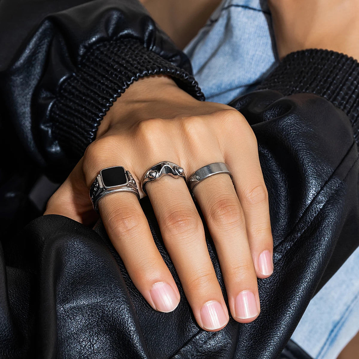 Conjunto Punk Drip – 3 Anéis Geométricos de Aço Inoxidável para Estilo e Atitude