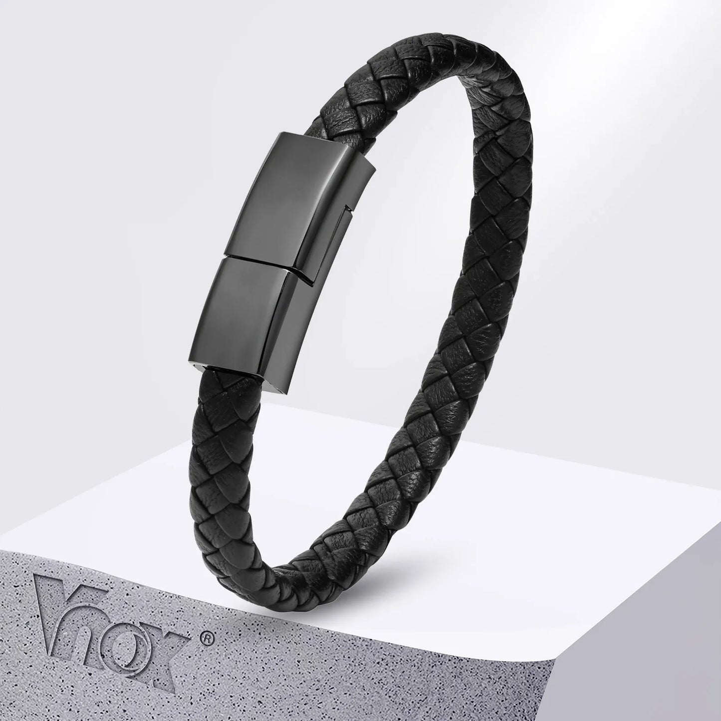 Pulseira USB Masculina de Couro Preto – Estilo Casual e Sofisticado