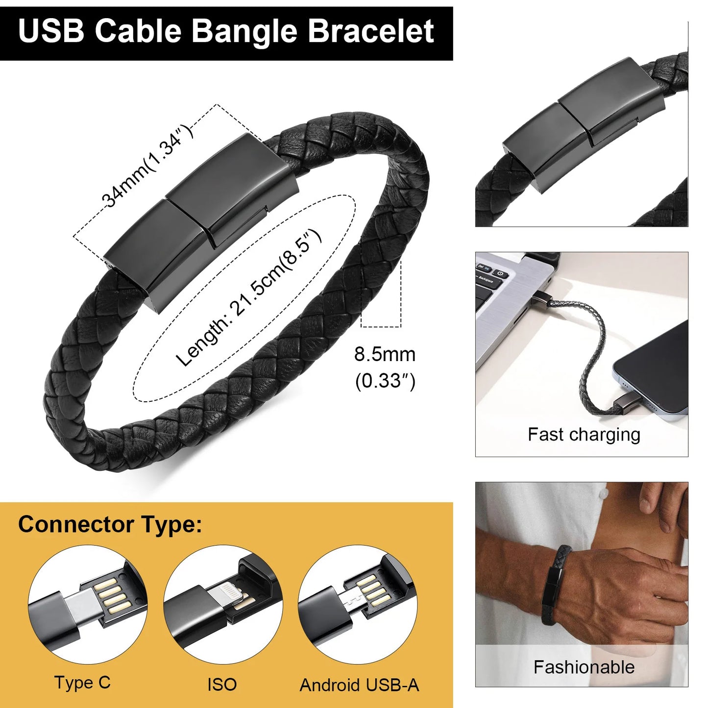 Pulseira USB Masculina de Couro Preto – Estilo Casual e Sofisticado