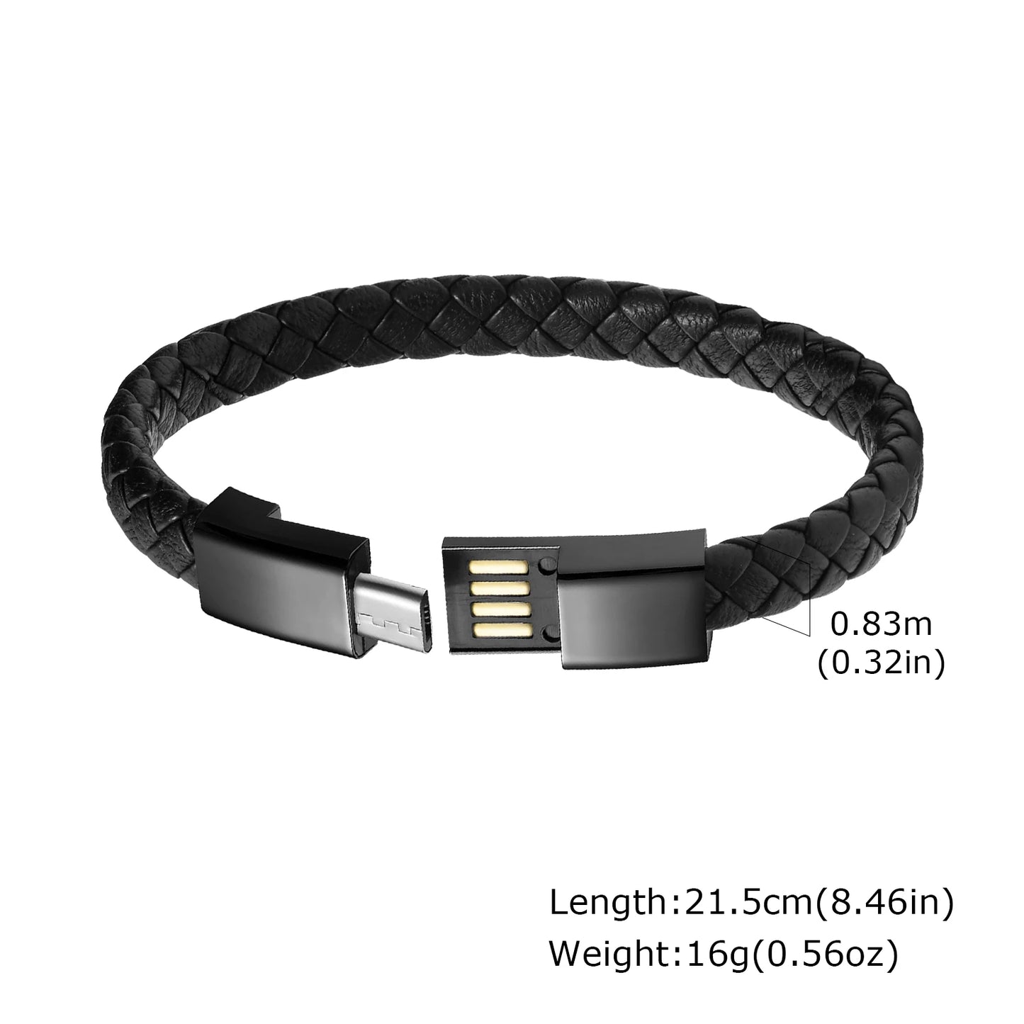 Pulseira USB Masculina de Couro Preto – Estilo Casual e Sofisticado