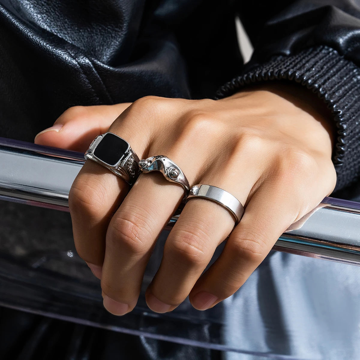 Conjunto Punk Drip – 3 Anéis Geométricos de Aço Inoxidável para Estilo e Atitude